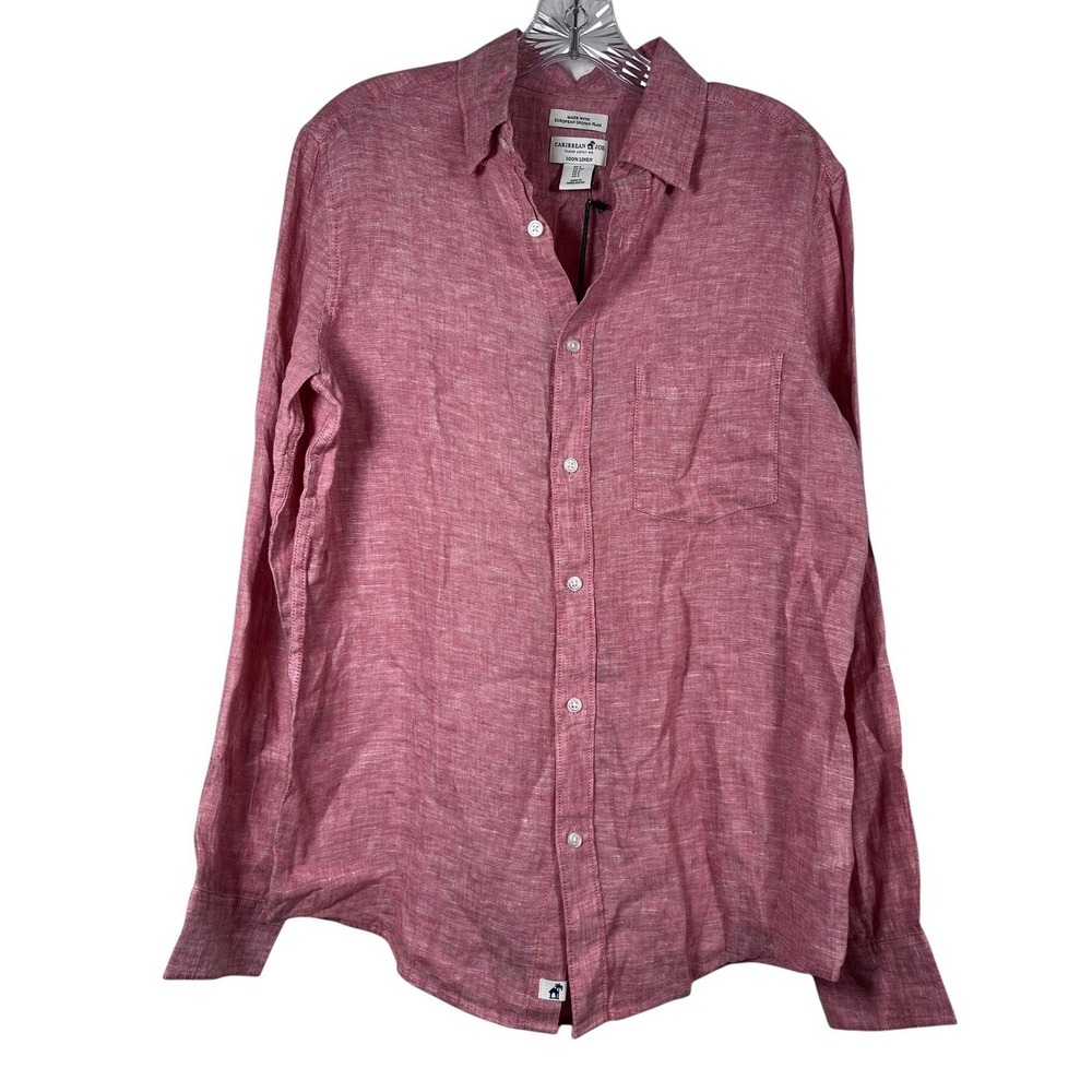 New CARIBBEAN JOE Sz S Shirt Men's 100% Linen Red/White Weave Button Down NWT